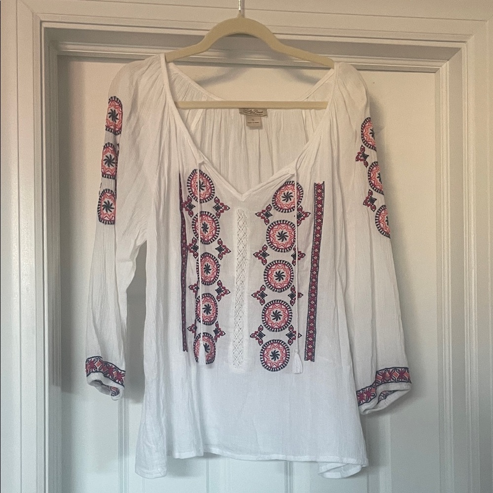 Lucky Brand White Top with Red Embroidery